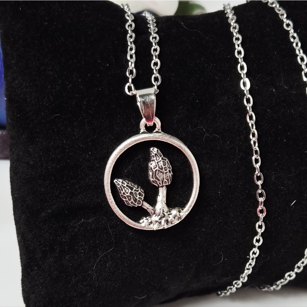 Silver Morel Mushroom Necklace Cottagecore Forest Forager Boho Nature Pendant - Picture 3 of 4